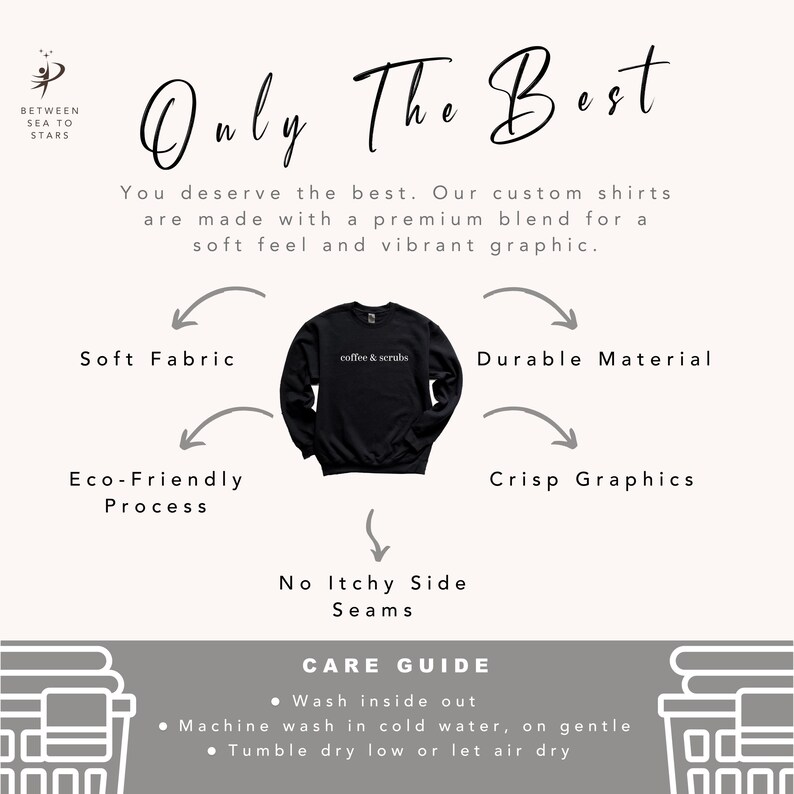 May include: A black sweatshirt with the text "coffee & scrubs" printed on the front. The sweatshirt is shown with a diagram highlighting its features, including soft fabric, durable material, eco-friendly process, crisp graphics, and no itchy side seams. The text "Only The Best" is at the top of the image, and a care guide is at the bottom.