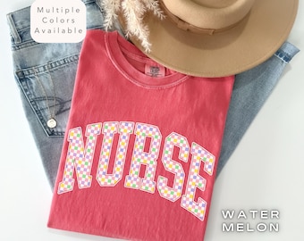 Comfort Colors Checkered Nurse Shirt, Trendy Varsity Style TShirt, Retro Nurse Appreciation Tee, Nurse Gift, Colorful Pastel Nursing T-shirt