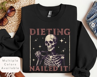 Distressed Lustiges Kaffee Skelett Sweatshirt für Frauen, Diät Genagelt Es Trendy Pullover, Lustiges Skelett Unisex Rundhalsausschnitt, Vintage Kleidung