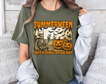 Lustiges gruseliges Saison-T-Stück Retro Sommer-Halloween-Hemd Strand-Skelett Ästhetisches Summerween-Hemd Monster-Strandpartyt-stück Hot Ghoul Trendy T-Shirt