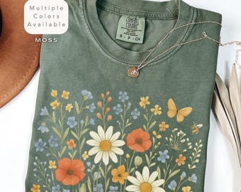 Camiseta de flores silvestres Comfort Colors, camiseta vintage con flores prensadas, camiseta retro con flores botánicas, camiseta con jardín cottagecore, camiseta bohemia con flores.