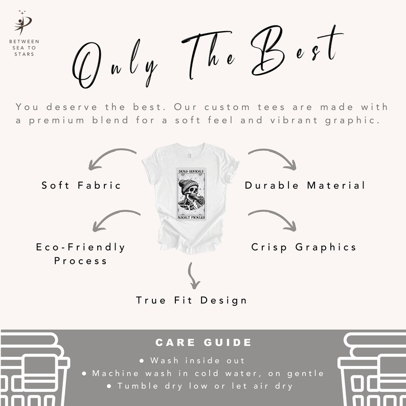 May include: White t-shirt with a black and white graphic of a skeleton wearing a beanie and holding a card that says "Dead Inside". The text "Only The Best" is at the top of the image. The text "Soft Fabric", "Eco-Friendly Process", "True Fit Design", "Durable Material", and "Crisp Graphics" are around the t-shirt. The text "Care Guide" is at the bottom of the image with instructions for washing and drying the t-shirt.