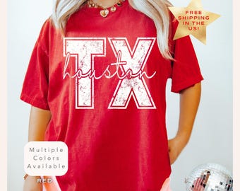 Distressed Comfort Colors Houston Texas Shirt, Trendy Houston TShirt, Varsity Aesthetic Houston Lover Gift, Houston Texas Travel Tee Shirt