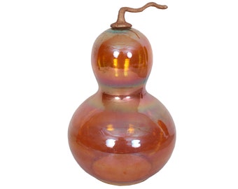 Mercury Glass Pumpkin Gourd 9" Width x 14" Luster Iridescent Orange w/ Bronze Stem for Fall, Harvest, or Halloween