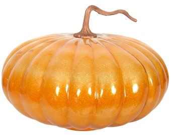 Mercury Glass Pumpkin Gourd 10.5" Width x 7" Luster Orange Glitter w/ Bronze Stem for Fall, Harvest, or Halloween