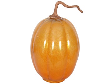 Mercury Glass Pumpkin Gourd 7" Width x 11" Luster Orange Glitter w/ Bronze Stem for Fall, Harvest, or Halloween