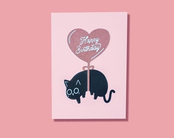 Happy Birthday Balloon Cat Handmade Card | Cat Birthday Card | Gift From Cat | 3d Cat Birthday Card | Cat Birthday Invite | Black Cat Bday