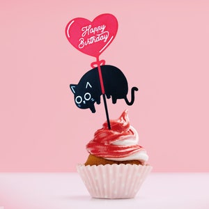 Gâteau d'anniversaire chat noir | Décoration de gâteau d'anniversaire chat 3D | Décoration pour cupcakes chat | Anniversaire du chat noir | carte d'anniversaire de chat | Cadeau d'un chat