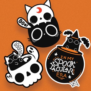 Halloween Katze Sticker Bundle | Schwarze Katze Stickerbogen | Schwarze Katze Geschenk | Boo Korb | Totenkopf-Aufkleber | Katzenmama Aufkleber | Verrückte Katzenlady