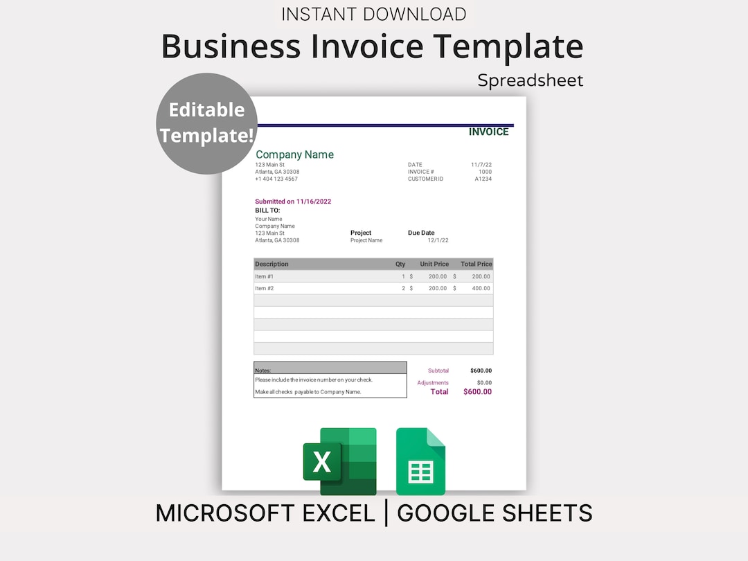 Business Invoice Template for Microsoft Excel & Google Sheets - Easy to ...