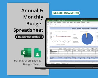 Annual & Monthly Budget Spreadsheet for Microsoft Excel / Google Sheets - Track Income and Expenses Monthly/Annually, Personal Finance