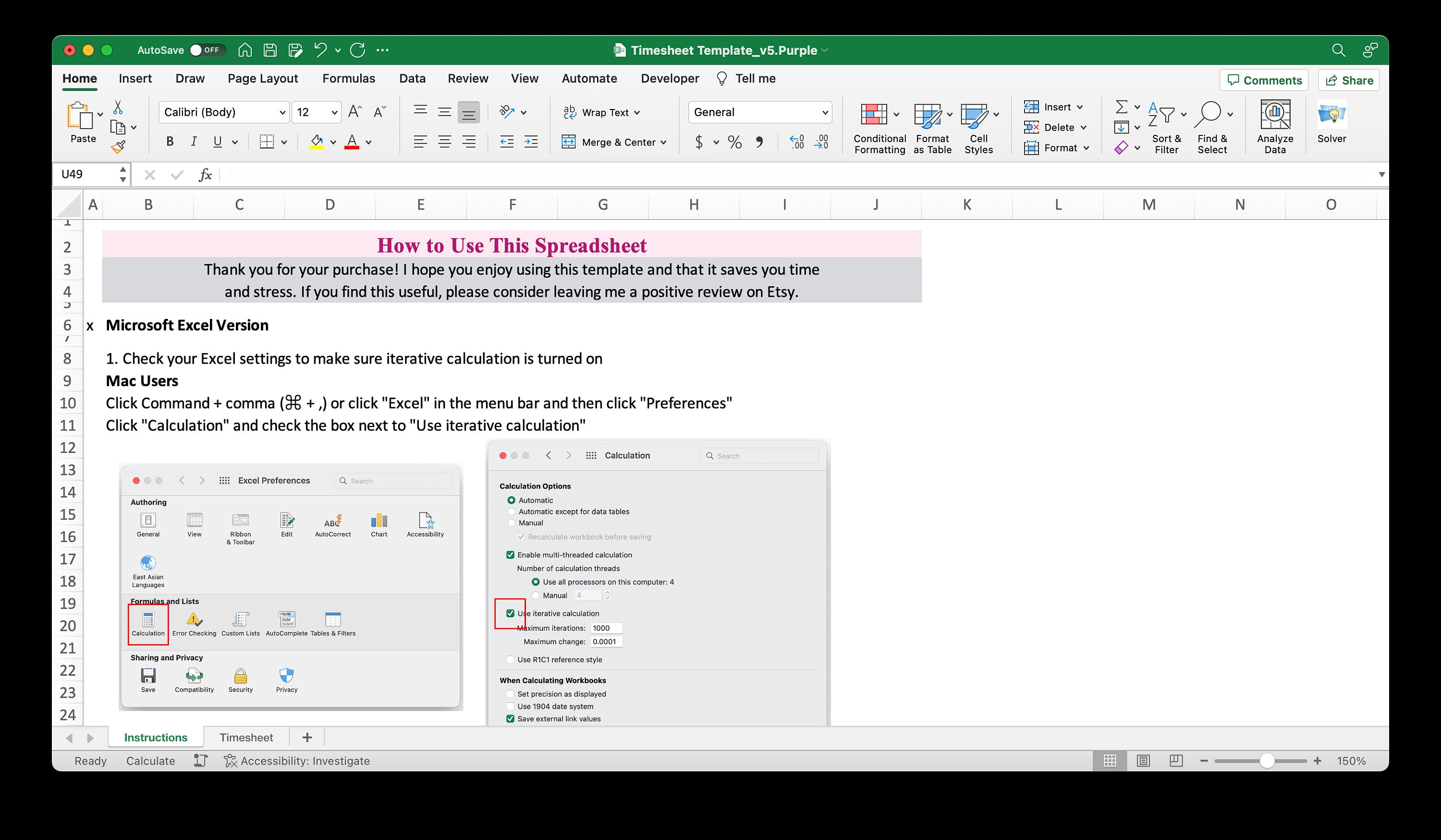 Monthly Timesheet Template for Microsoft Excel & Google Sheets (pink ...