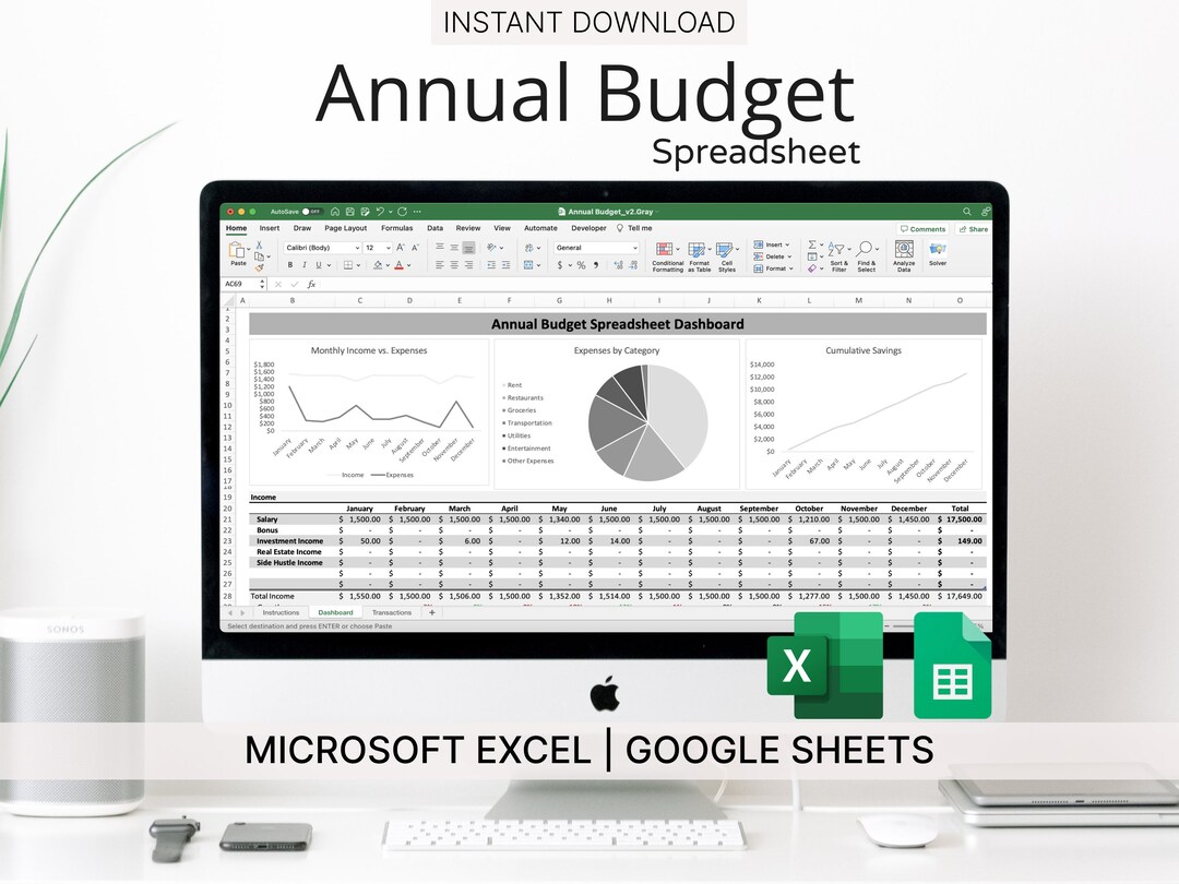 Annual Budget Spreadsheet for Microsoft Excel & Google Sheets gray