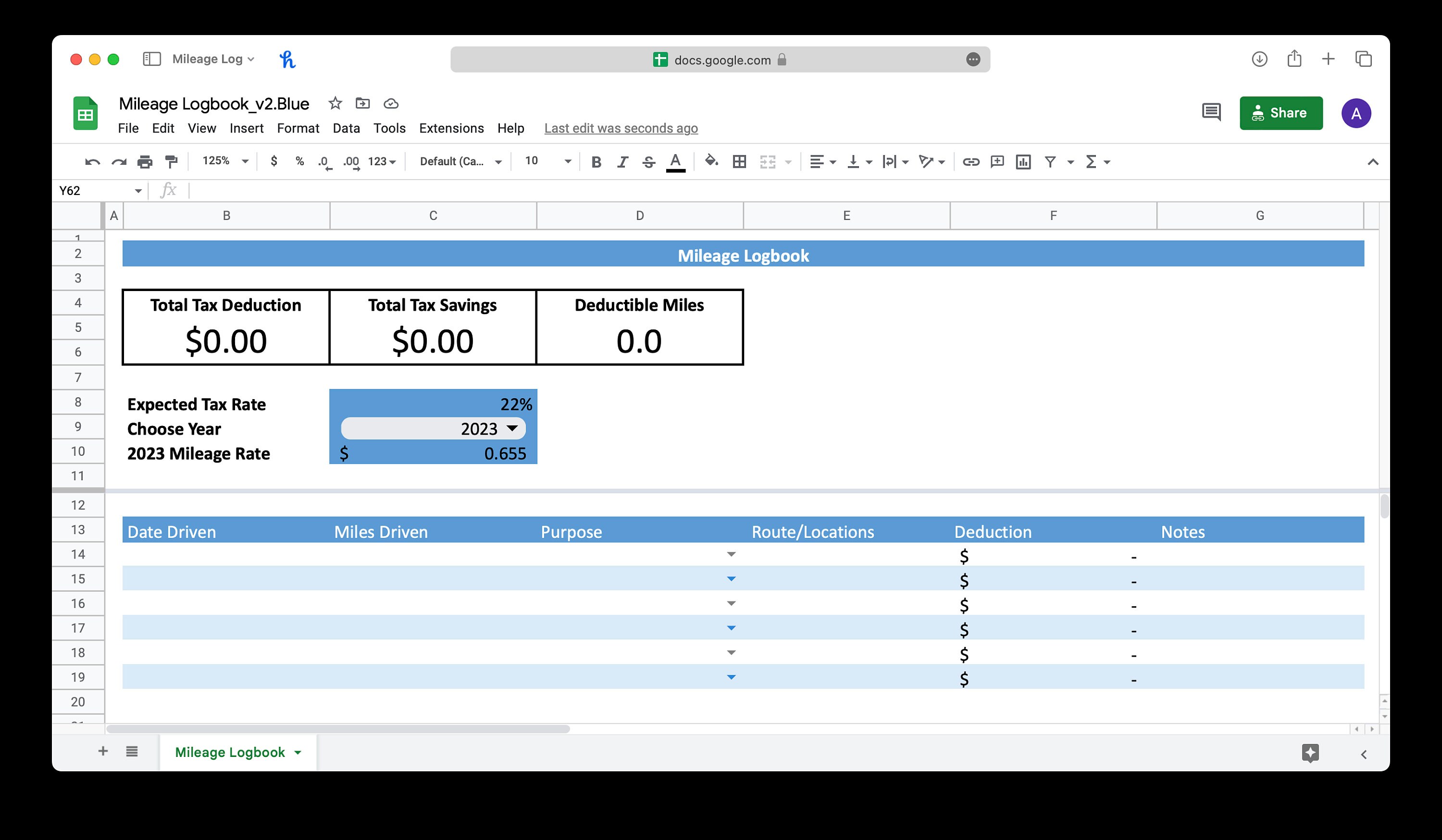 Mileage Log Template (blue) | Excel & Google Sheets | Track Business ...