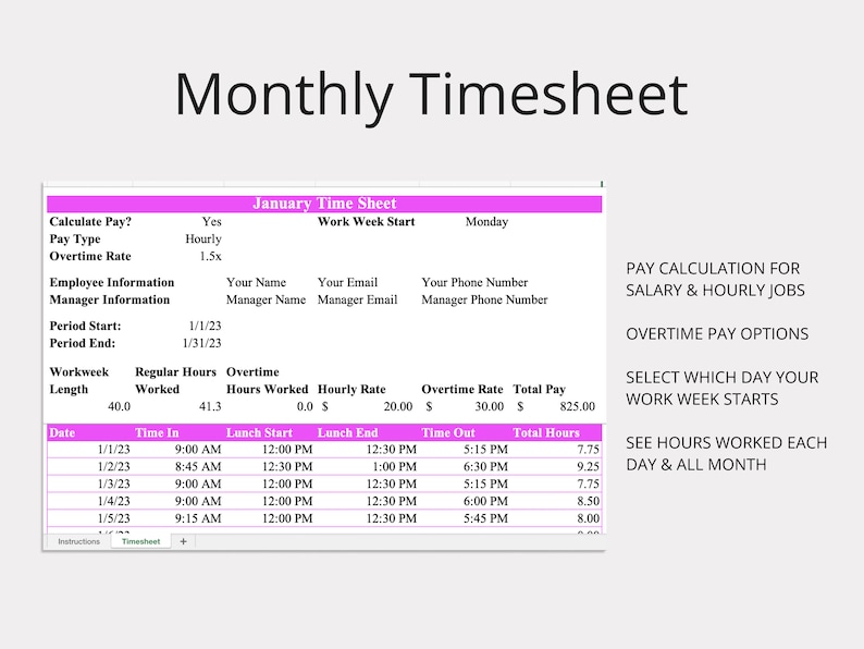 Monthly Timesheet Template for Microsoft Excel & Google Sheets (magenta ...