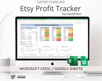 Könnte beinhalten: Ein Computerbildschirm zeigt eine Tabellenkalkulation mit einem bunten Diagramm mit dem Titel "Etsy Profit Yearly Dashboard". Die Tabellenkalkulation ist mit "Etsy Profit Tracker Spreadsheet" beschriftet und enthält Daten für Gewinn, Ausgaben und Umsatz nach Monaten. Der Bildschirm ist mit "Microsoft Excel | Google Sheets" beschriftet.