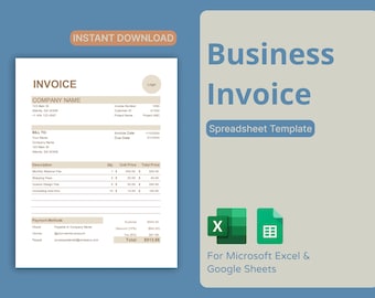 May include: A brown and white business invoice template for Microsoft Excel and Google Sheets. The template includes sections for company name, billing information, invoice date, due date, description, quantity, unit price, total price, payment methods, subtotal, discount, tax, and total.