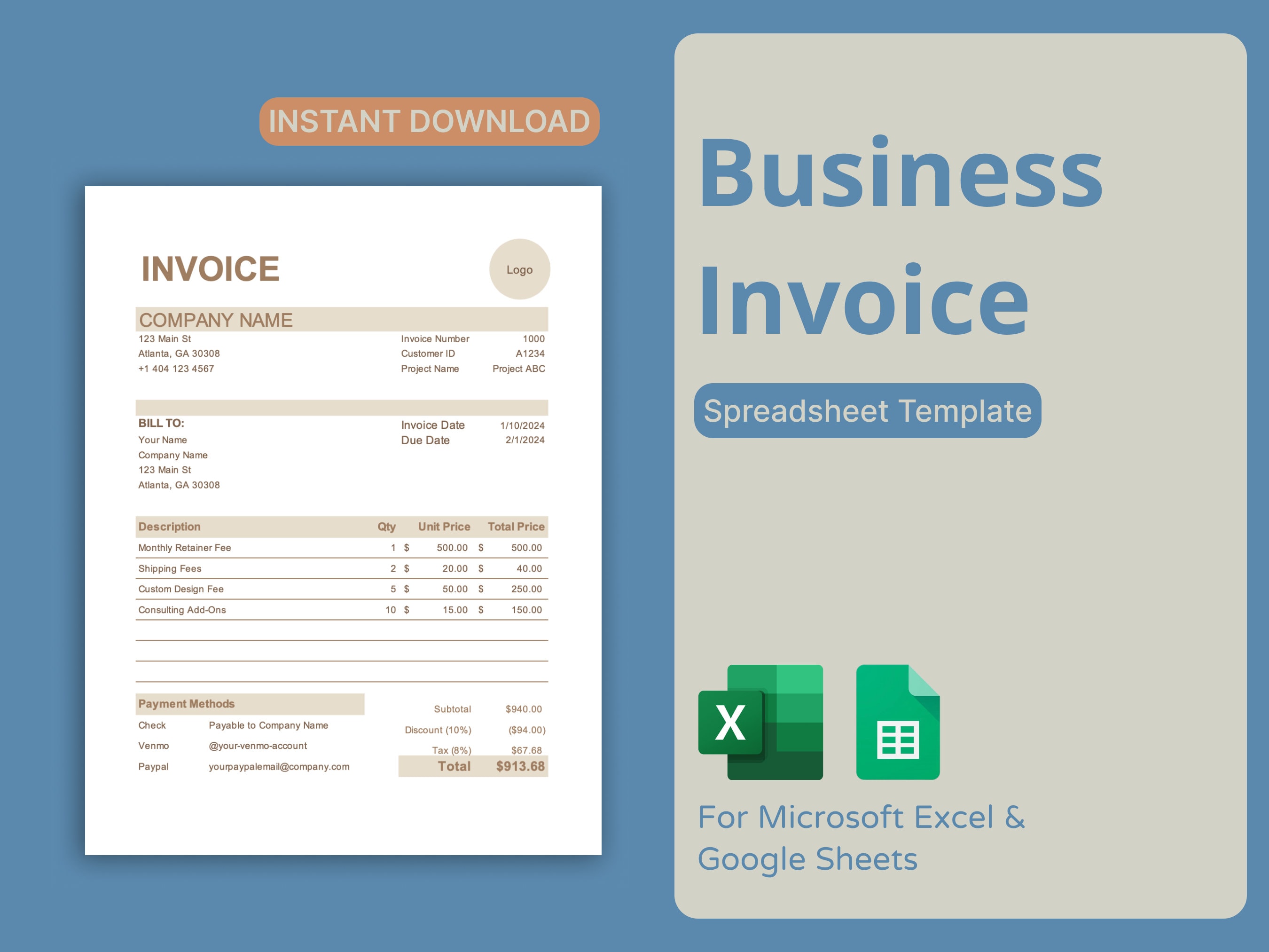 Business Invoice Template for Microsoft Excel & Google Sheets (tan ...