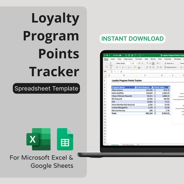 Loyalty Program Points Tracker, Travel Hacking Spreadsheet, Airline Miles, Hotel Points, Travel Planning, Rewards Program, Points and Miles