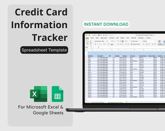 Credit Card Information Spreadsheet - Microsoft Excel & Google Sheets - Track Card Number, Expiration, Balance, Payment Due Date, Minimum