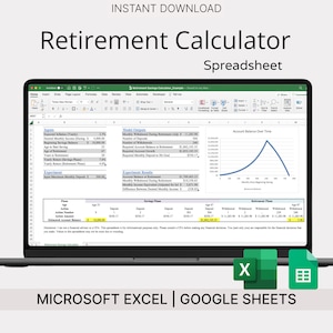 Puede incluir: Una pantalla de computadora portátil que muestra una hoja de cálculo de Microsoft Excel con una calculadora de jubilación. La hoja de cálculo incluye campos de entrada para varios factores financieros, como la inflación esperada, los ahorros mensuales y la edad de jubilación. La hoja de cálculo también incluye un gráfico que muestra el crecimiento proyectado de los ahorros para la jubilación a lo largo del tiempo. La hoja de cálculo se titula "Calculadora de jubilación - Hoja de cálculo".