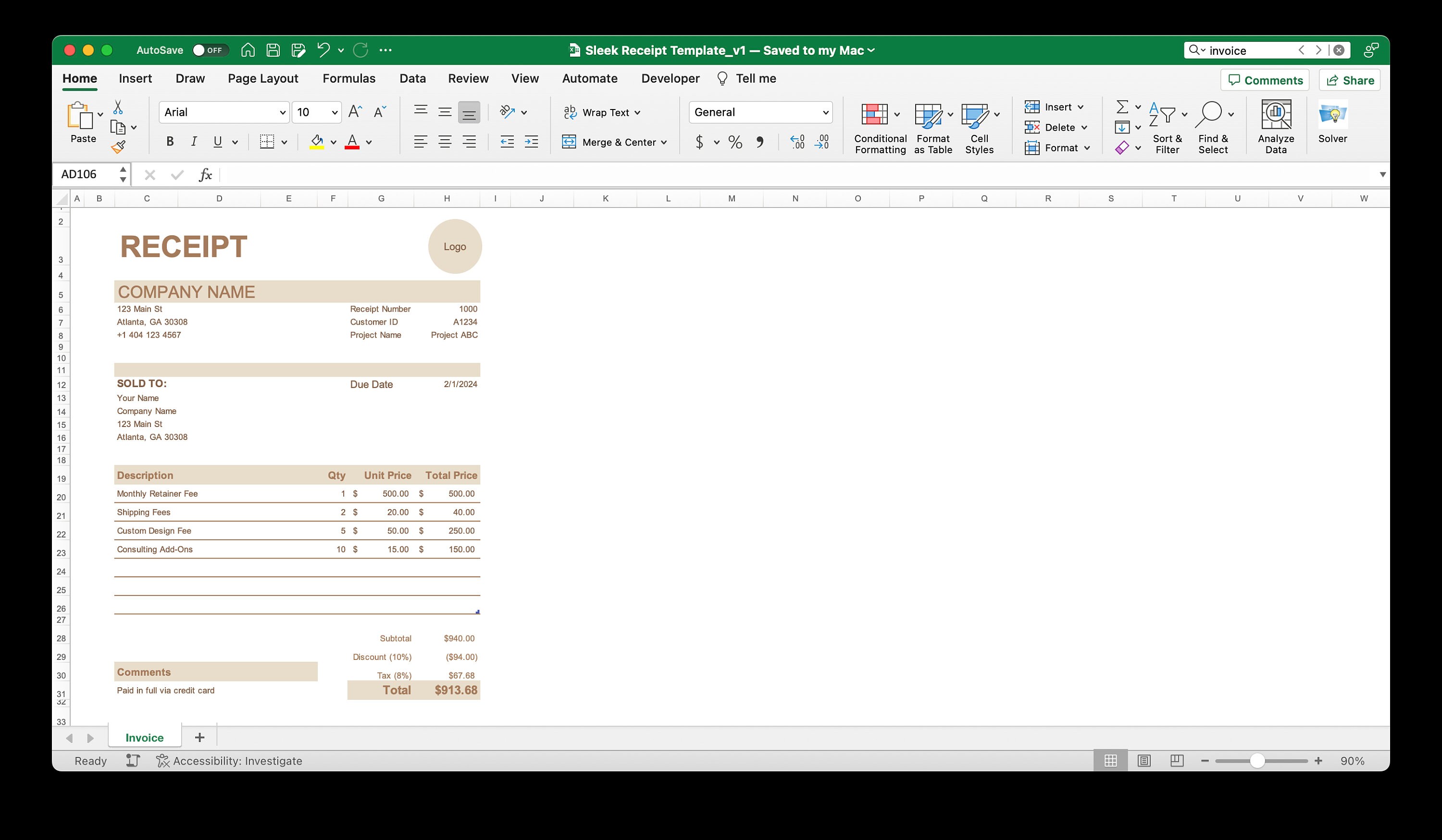 Business Receipt Template for Microsoft Excel & Google Sheets (tan ...