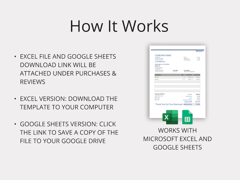 May include: A screenshot showing how to use a receipt template for Microsoft Excel and Google Sheets. The template is a simple receipt with fields for company name, date, item, quantity, price, and total. The image shows icons for Microsoft Excel and Google Sheets.