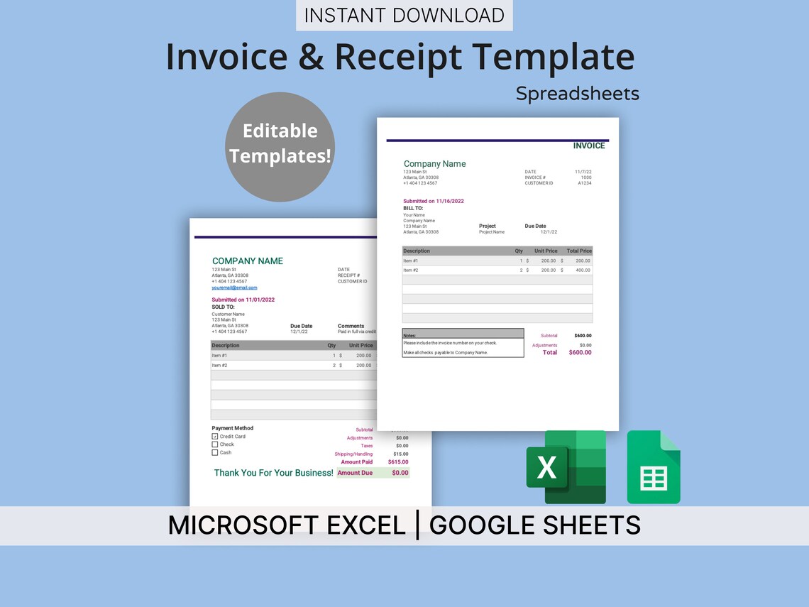 Invoice & Receipt Templates for Microsoft Excel/google Sheets ...