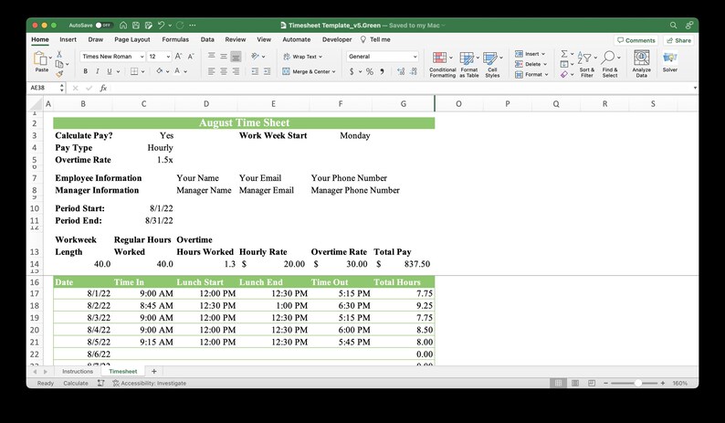 Monthly Timesheet Template (green) | Excel & Google Sheets | Track ...