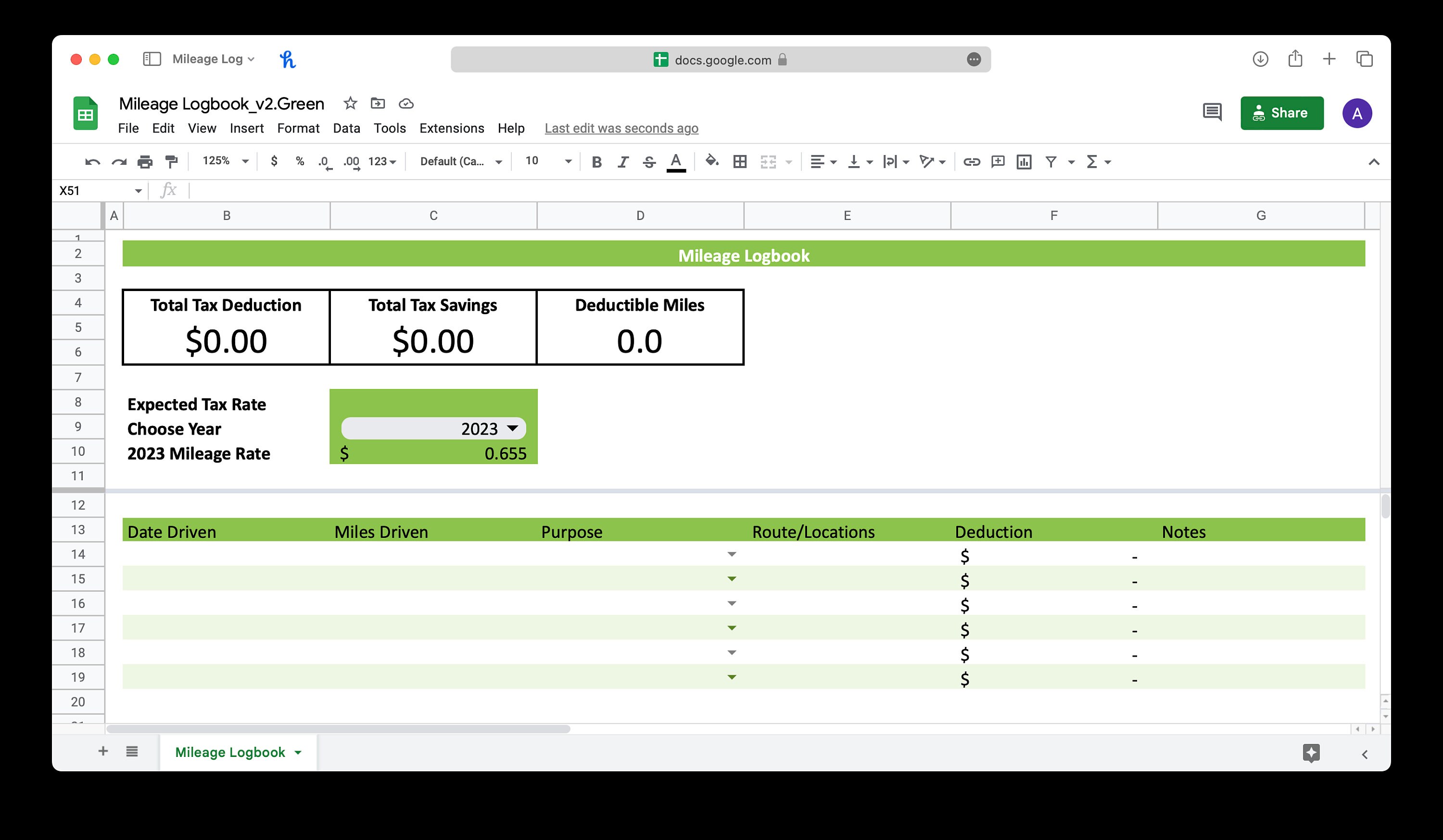 Mileage Log Template (green) for Microsoft Excel & Google Sheets ...