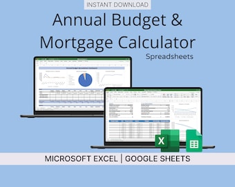 Modèles de calculatrice hypothécaire et de feuille de calcul budgétaire annuel (bleu) - Modèle de suivi d'hypothèque/budget pour Microsoft Excel/Google Sheets
