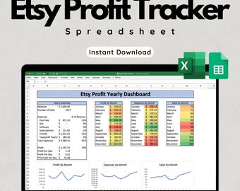 以下が含まれることがあります： ラップトップは、Etsy Profit Trackerのスプレッドシートを表示しています。画面には、月ごとの利益の内訳やグラフなど、財務データを含む年間ダッシュボードが表示されています。「即時ダウンロード」という文字が見えます。