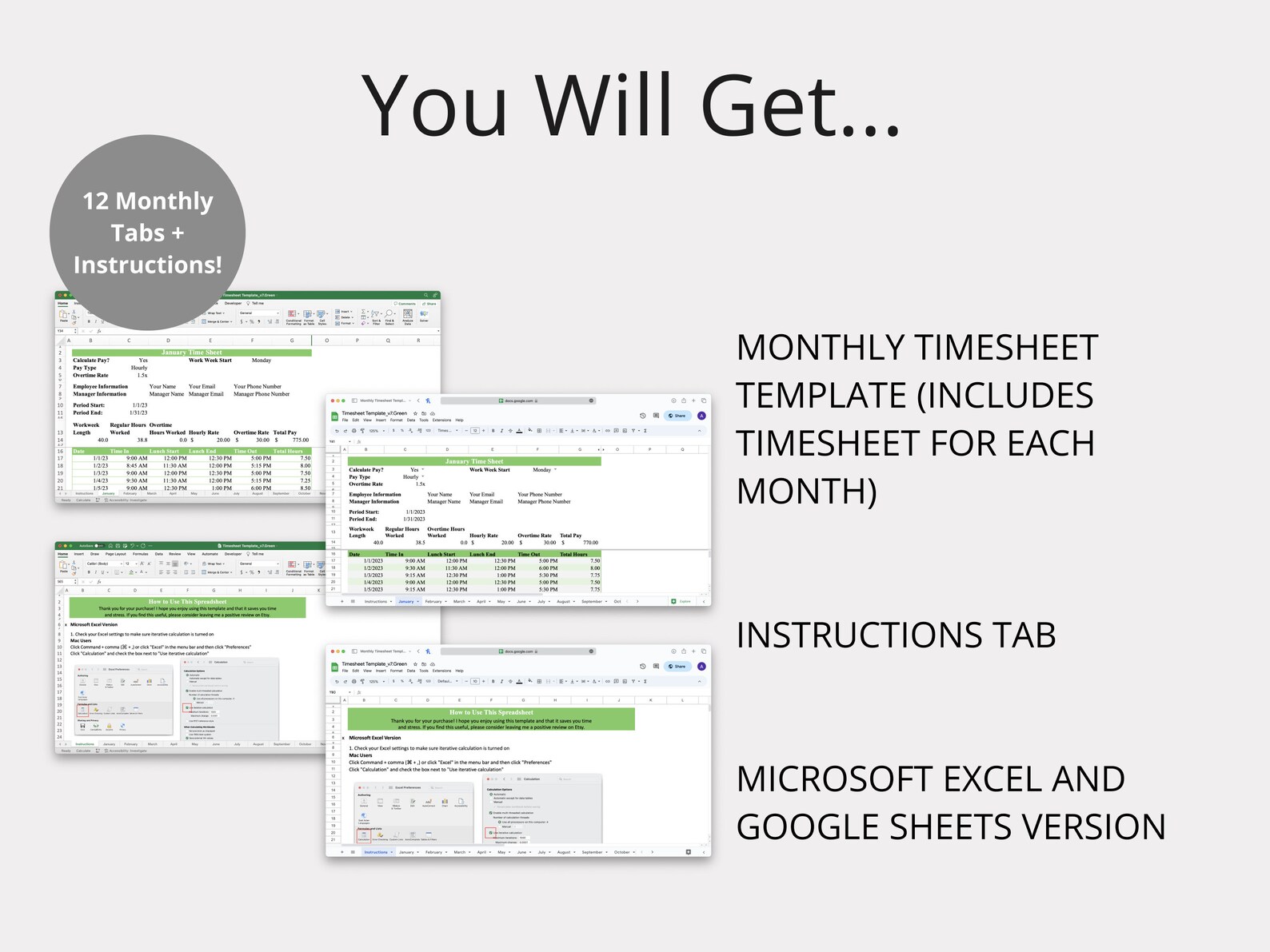 Monthly Timesheet Template for Microsoft Excel & Google Sheets (green ...