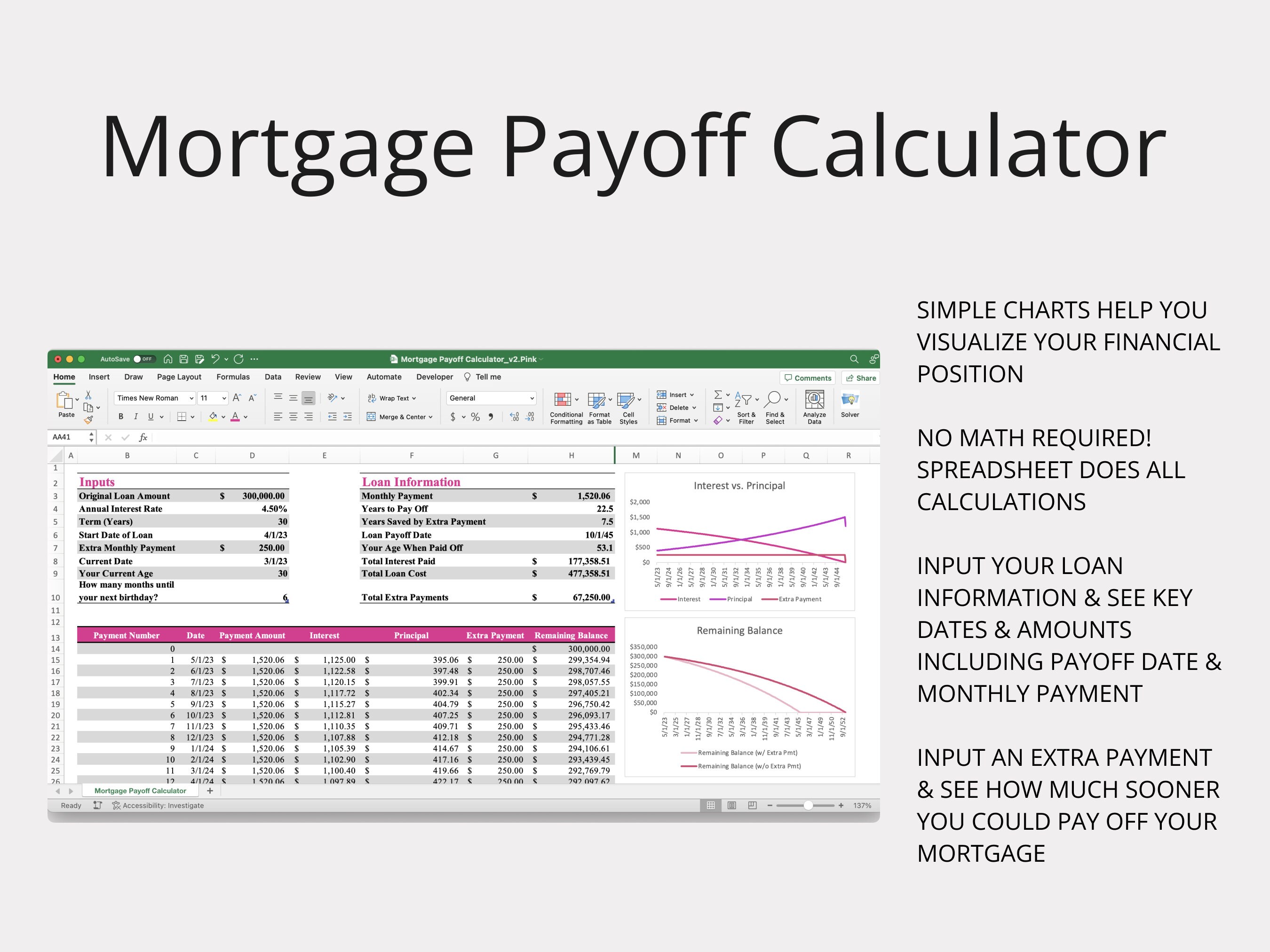 Mortgage Payoff Calculator Spreadsheet pink Mortgage Tracker for