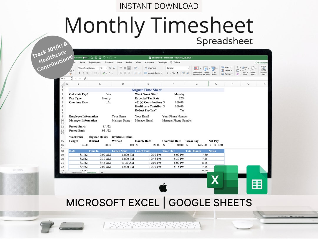 Enhanced Monthly Timesheet Template for Microsoft Excel & Google Sheets ...