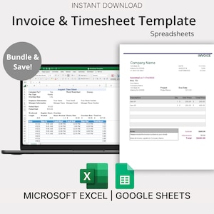Invoice & Timesheet Templates for Microsoft Excel/Google Sheets - Templates for Small Business (Bundle), Invoice Template, Monthly Timesheet