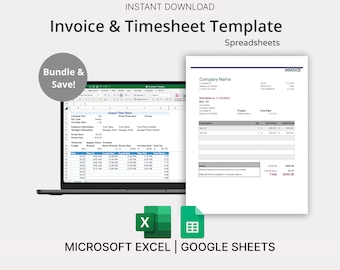 Invoice & Timesheet Templates for Microsoft Excel/Google Sheets - Templates for Small Business (Bundle), Invoice Template, Monthly Timesheet