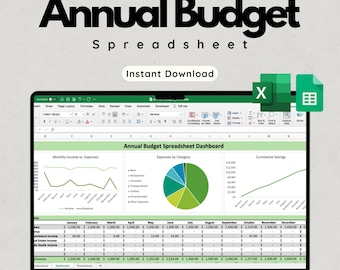 Budget Spreadsheet for Microsoft Excel & Google Sheets (Green) - Track Income and Expenses Monthly/Annually