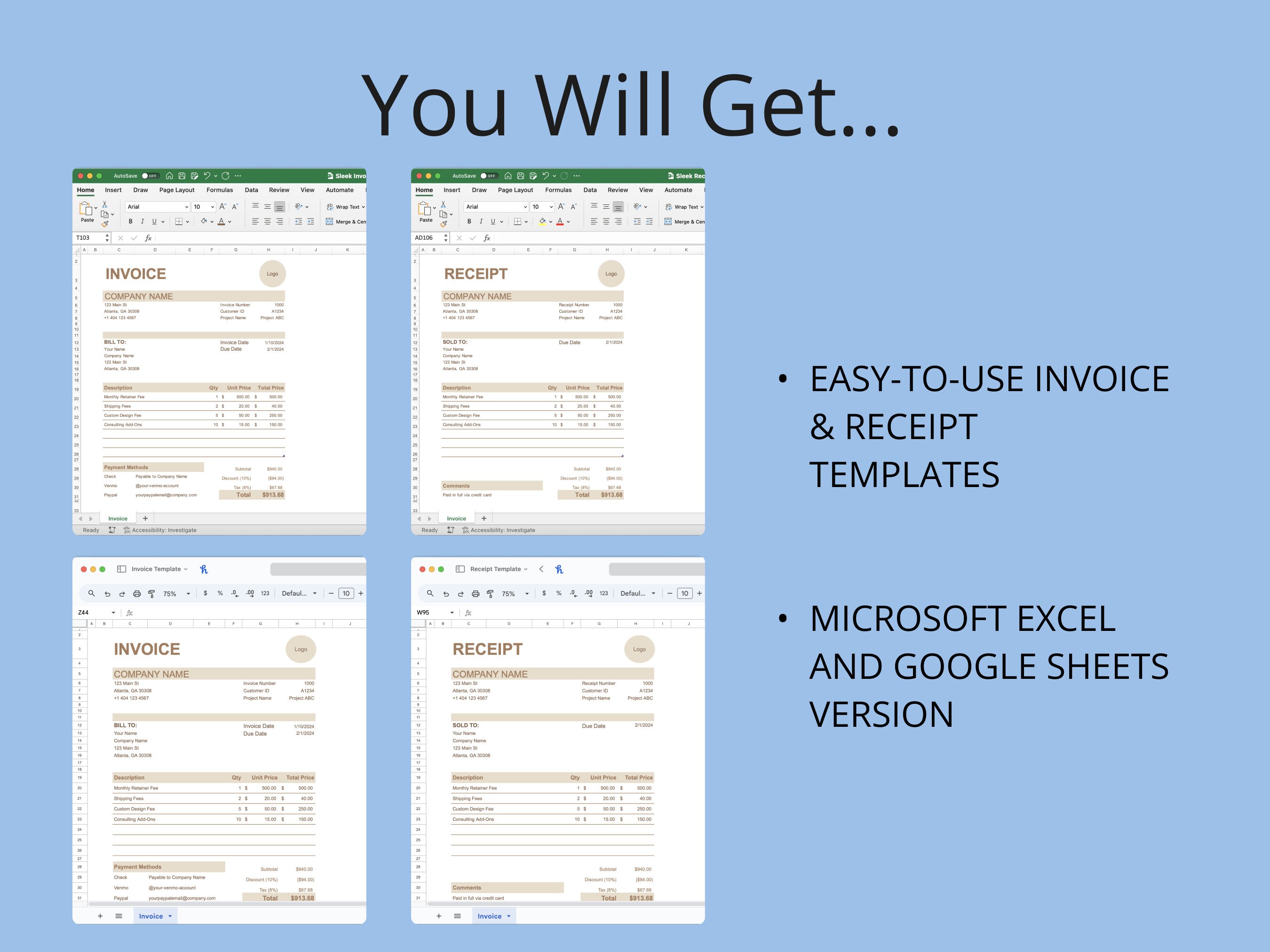 Invoice & Receipt Templates for Microsoft Excel/google Sheets Business ...