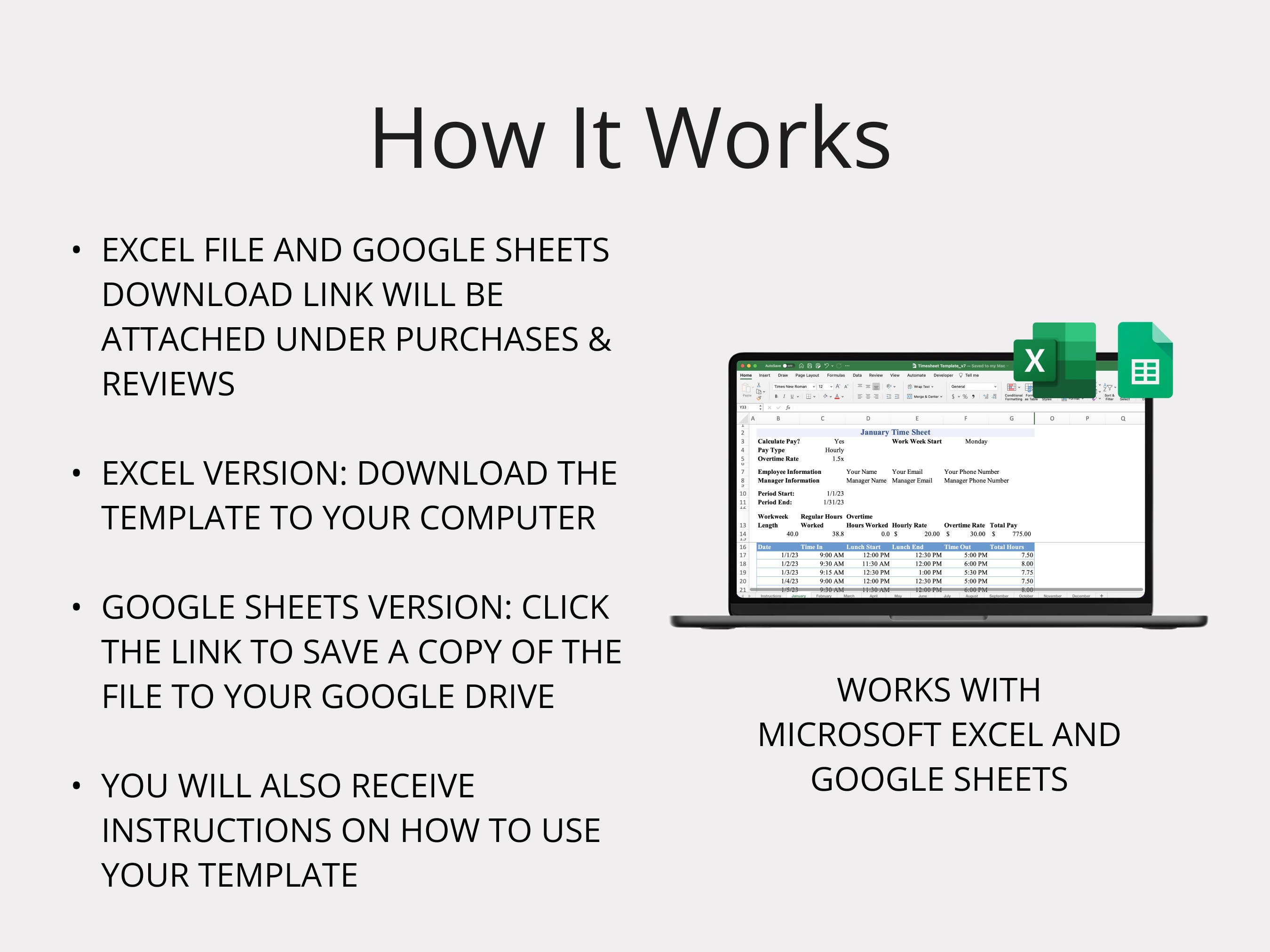 Monthly Timesheet Template for Microsoft Excel & Google Sheets - Etsy