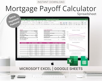 Hypotheekuitbetalingscalculator Spreadsheet (roze) - Hypotheektracker voor Microsoft Excel en Google Spreadsheets - Hulpmiddel voor financiële planning