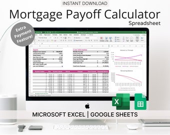 Hypotheekuitbetalingscalculator Spreadsheet (roze) - Hypotheektracker voor Microsoft Excel en Google Spreadsheets - Hulpmiddel voor financiële planning