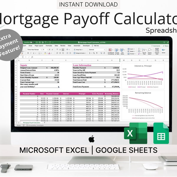 Mortgage Payoff Calculator Spreadsheet (Pink) - Mortgage Tracker for Microsoft Excel & Google Sheets - Financial Planning Tool