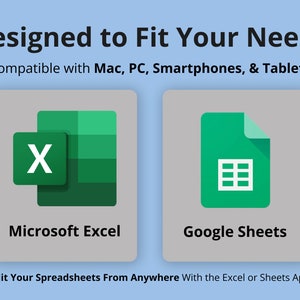 Peut inclure: Illustration des logos Microsoft Excel et Google Sheets. Le texte "Con&ccedil;u pour r&eacute;pondre &agrave; vos besoins" est au-dessus des logos. Le texte "Compatible avec Mac, PC, Smartphones et tablettes" est en dessous des logos. Le texte "Modifiez vos feuilles de calcul de n'importe o&ugrave; avec l'application Excel ou Sheets" est en dessous des logos.