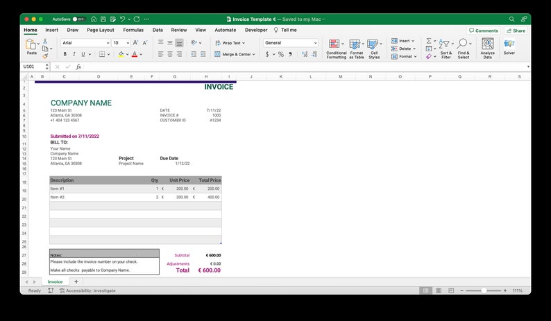 Business Invoice Template euro for Microsoft Excel & Google Sheets Easy