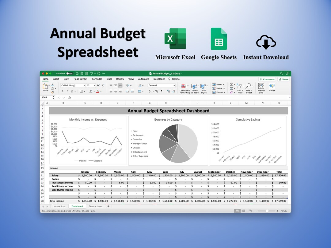 Annual Budget Spreadsheet for Microsoft Excel & Google Sheets gray