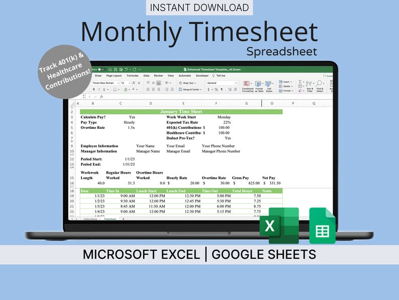 Enhanced Monthly Timesheet Template for Microsoft Excel & Google Sheets