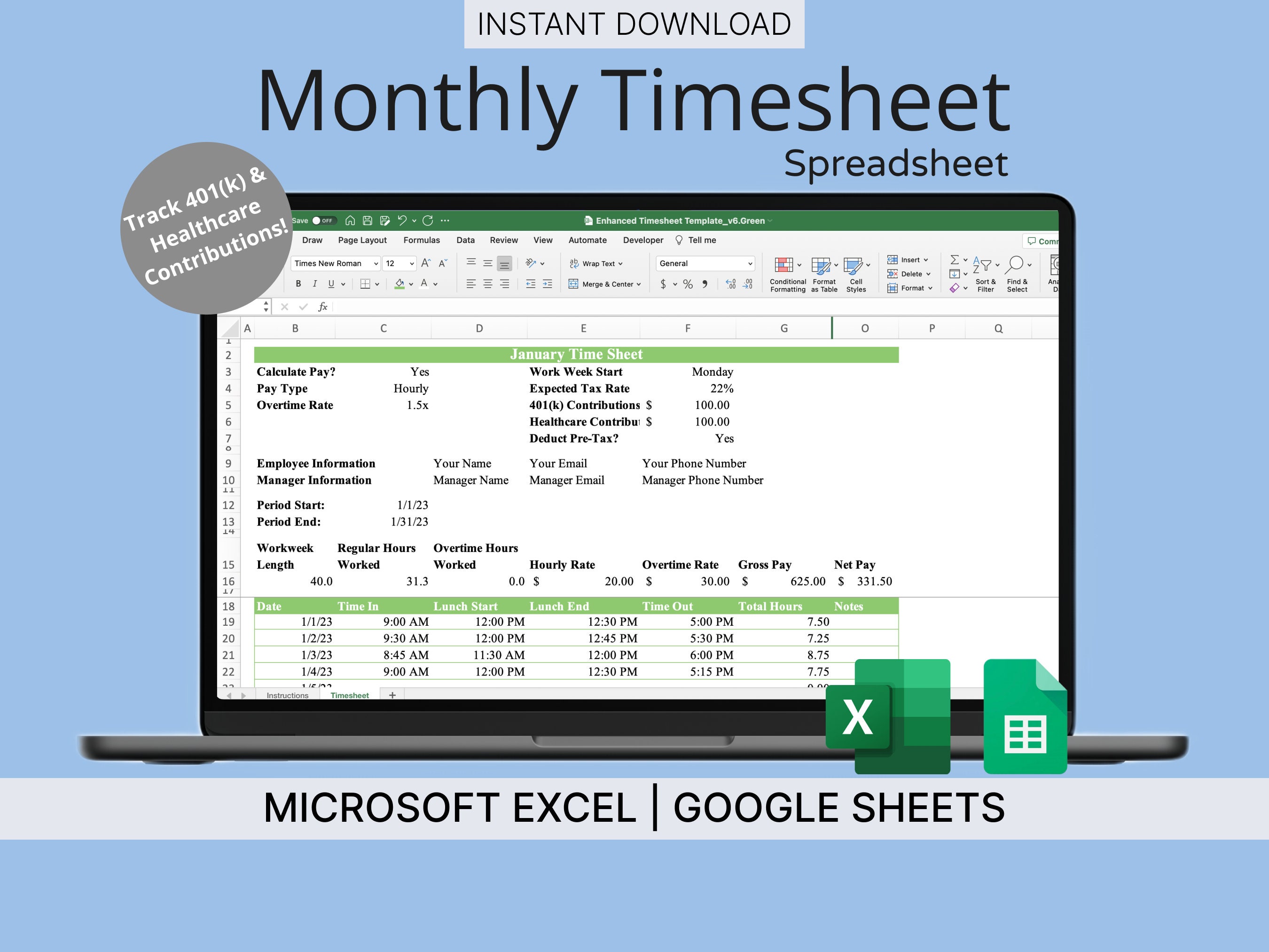 Microsoft Excel Timesheet Template