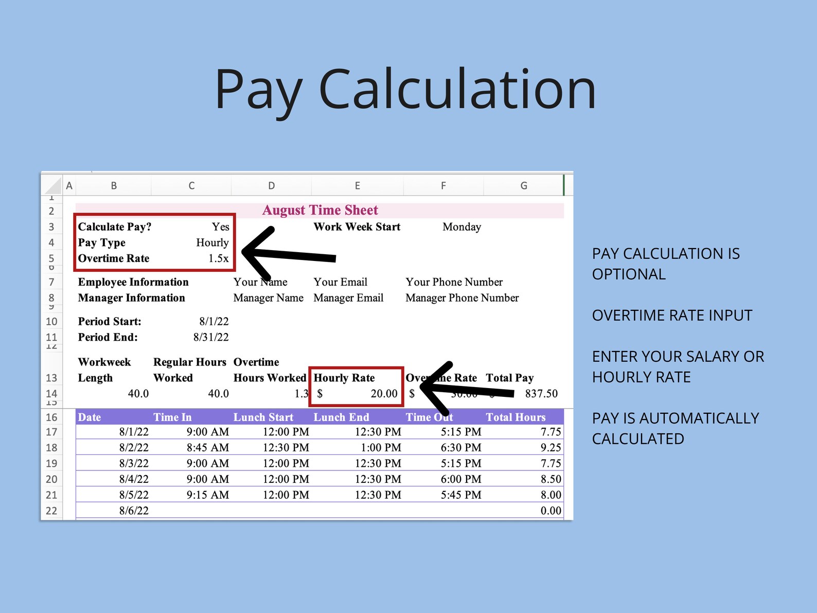 Monthly Timesheet Template for Microsoft Excel & Google Sheets (pink ...