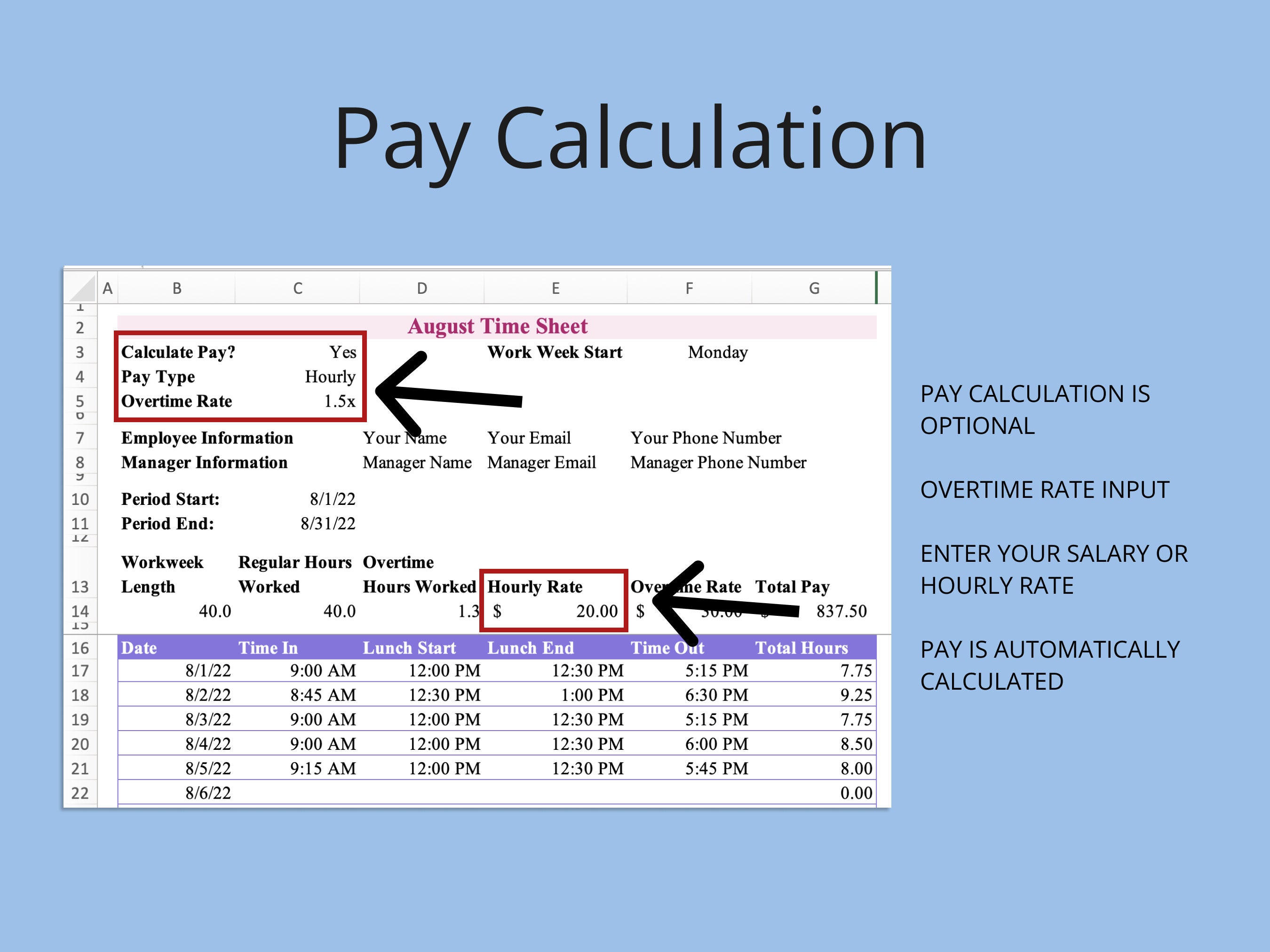 Monthly Timesheet Template for Microsoft Excel & Google Sheets (pink ...